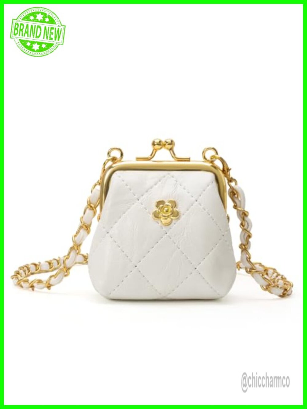 Quilted Kiss Lock Coin Purse Vegan Leather Wristlet Crossbody Mini Bag
